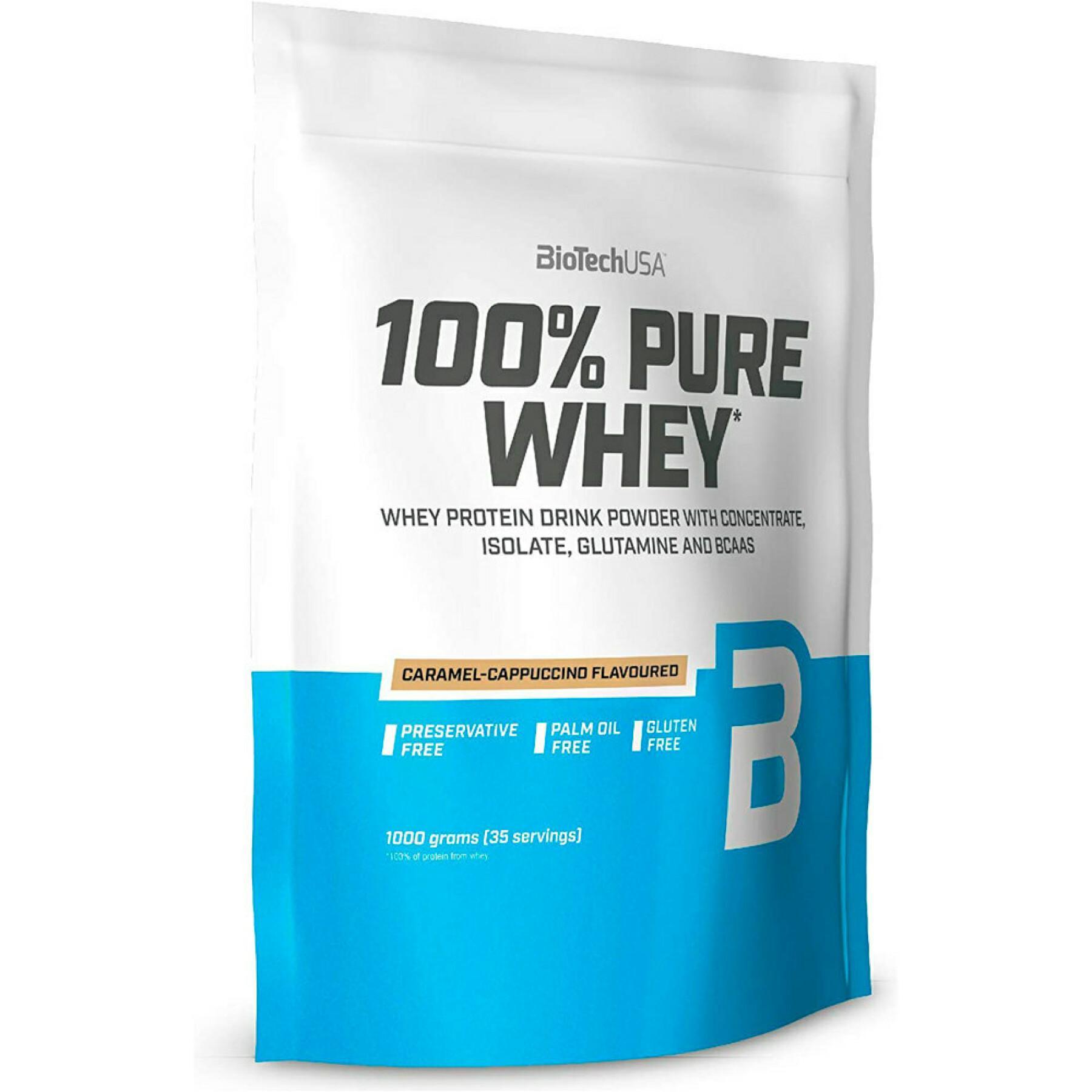 Embalagem de 10 sacos de proteína de soro de leite 100% puro Biotech USA - Caramel-cappuccino - 454g