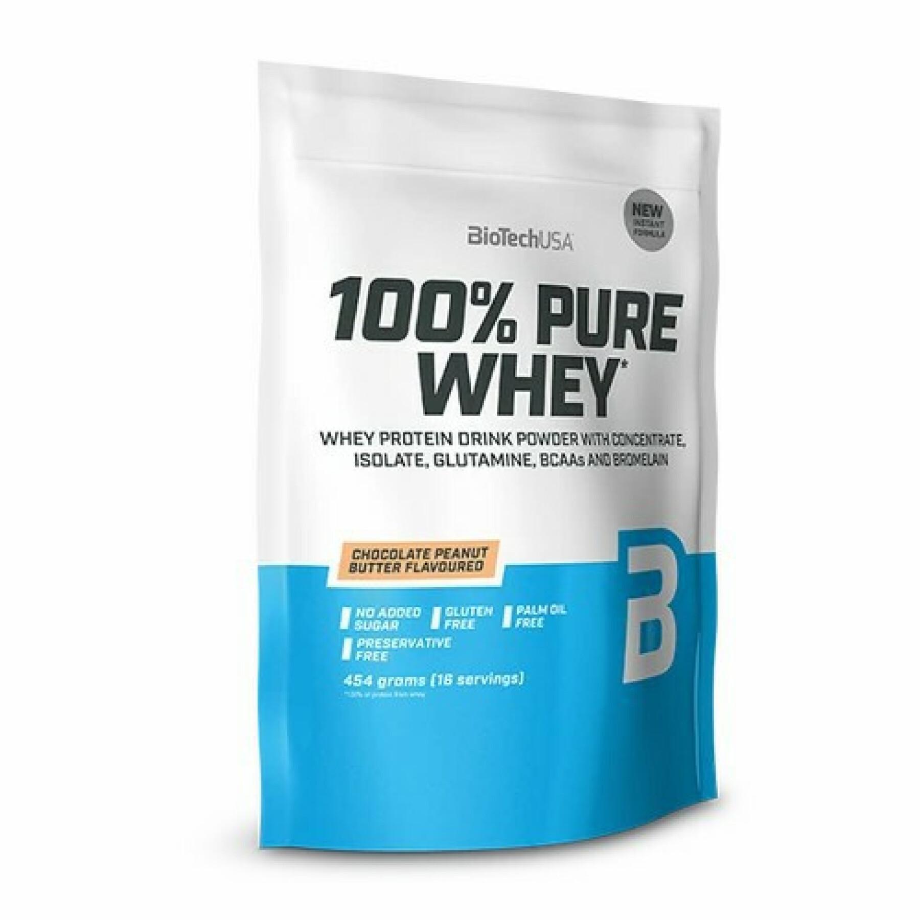 Embalagem de 10 sacos de proteína de soro de leite 100% puro Biotech USA - Chocolat-beurre de noise - 454g