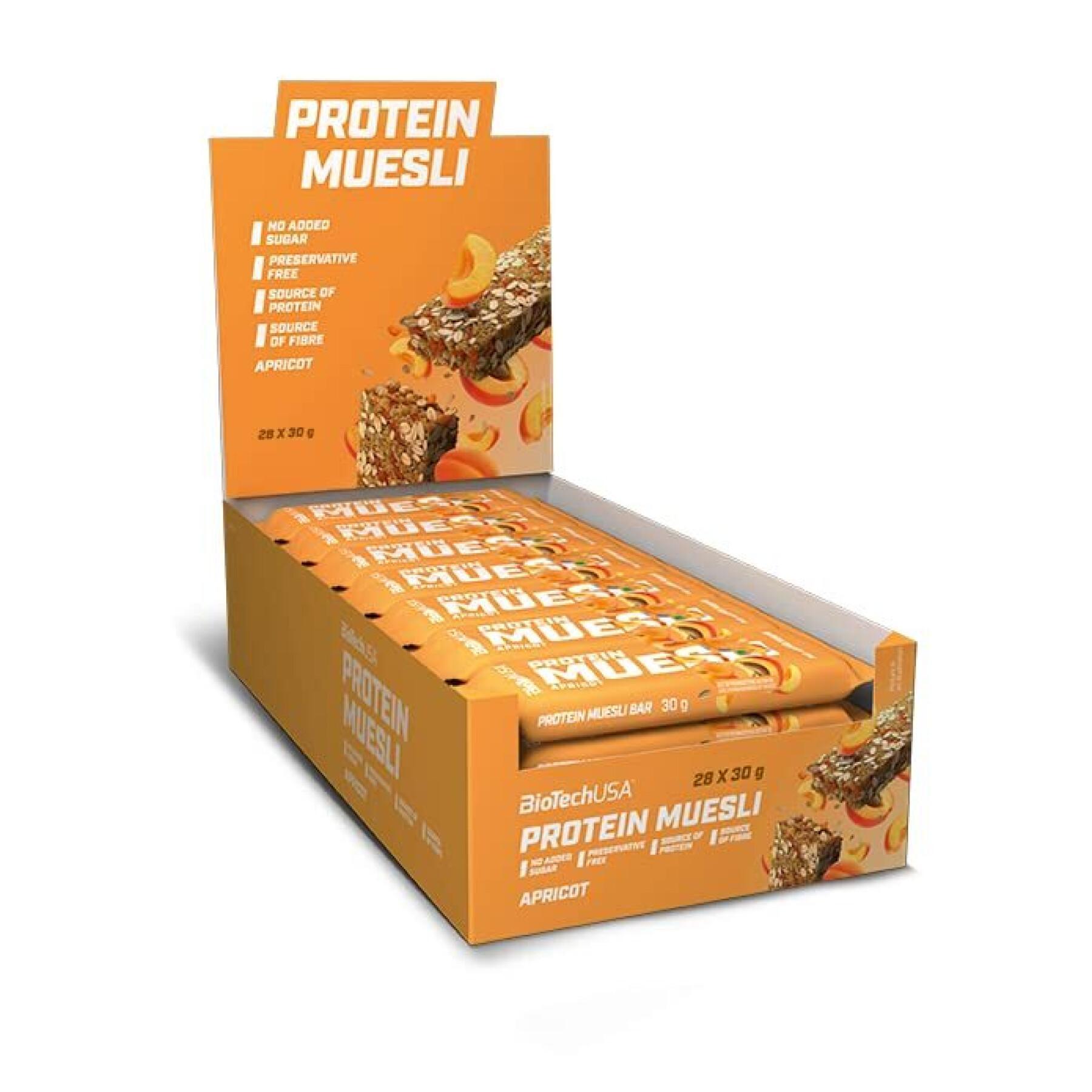 Pacote de 28 caixas de salgadinhos de proteínas Biotech USA muesli - Abricot